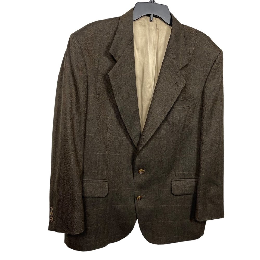 Oscar de la Renta Men's 44R Blazer Plaid Single Breasted Two Button Brown Wool - Picture 3 of 10